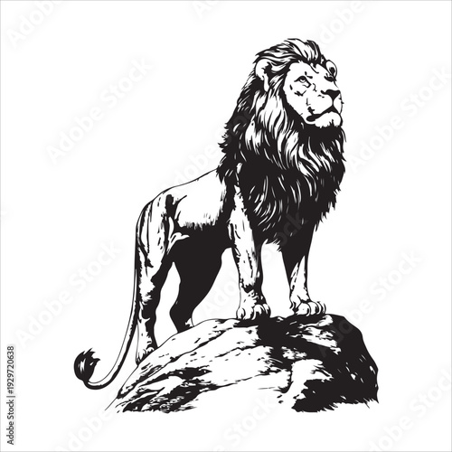 Black and white silhouette of a roaring lion standing on a rock. 