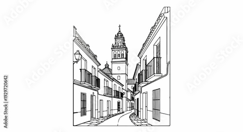 A narrow street lined with buildings, leading to a tall church tower with a cross