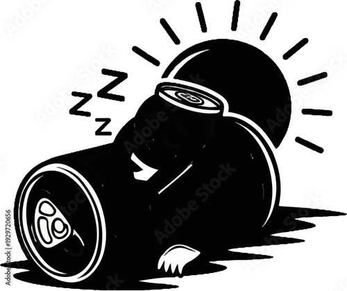 A black and white cartoon drawing of a sleeping beverage can with Z's floating above