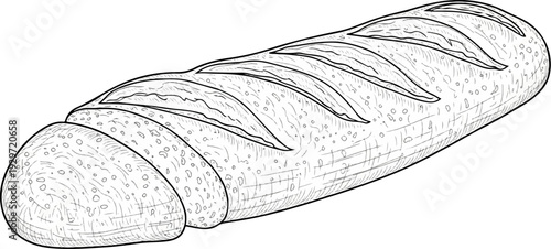 A simple line drawing depicts a sliced baguette with scoring on its crust