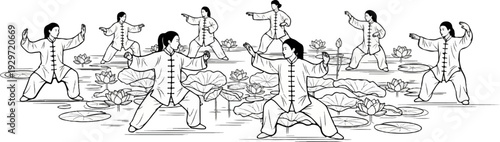 A group of people practice tai chi in a serene pond filled with water lilies and lotus flowers