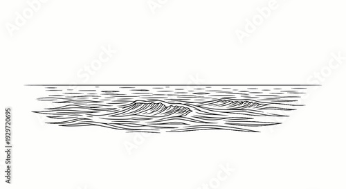Hand-drawn ocean waves on the horizon with a calm, reflective surface above