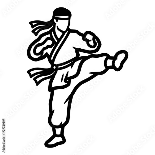 Clean line art illustration of martial arts fighter performing front kick exercise pose isolated, graphic & motivation