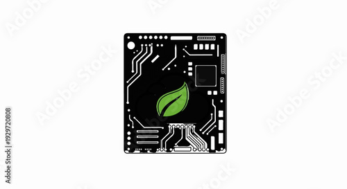 A stylized green leaf superimposed on a circuit board illustration