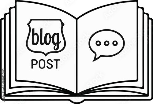 An open book with a shield-shaped emblem reading "blog POST" on the left, and a speech bubble on the right