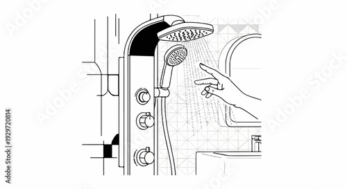 Hand feeling water stream from shower head against tiled wall