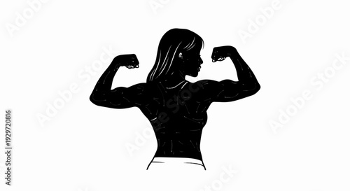 Silhouette of a woman flexing her muscular arms, showing power