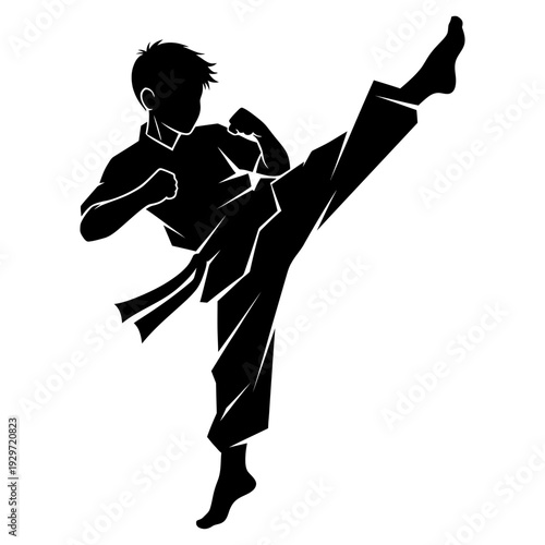 Fighter silhouette in dynamic kicking pose wearing traditional uniform and black belt gear isolated, graphic & motivation