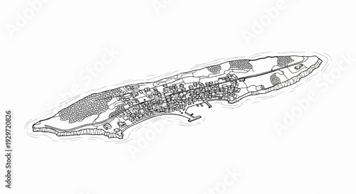 Aerial sketch of a densely populated coastal town on a narrow island