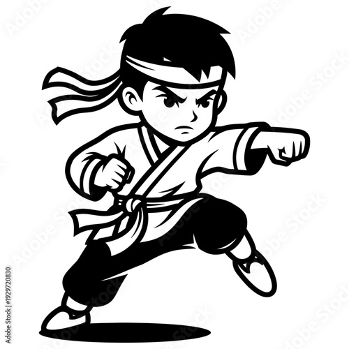 Kid boy martial artist in action pose vector character illustration, aggressive karate isolated, graphic & motivation