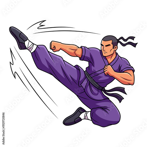 Karate fighter in purple uniform executing a dynamic side kick with motion lines isolated, graphic & motivation