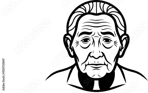 Black and white illustration of an elderly man's face, showing wrinkles and a stern expression