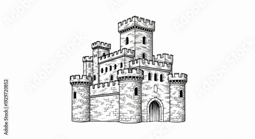 Ornate stone castle illustration with multiple towers, crenellations, and arched entryway