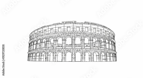 Ancient oval stone arena with multiple tiers of arches and rectangular openings