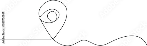 A simple line drawing of a map pin on a wavy line. Vector