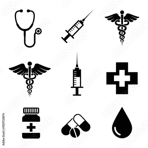 Medical icons set including stethoscope syringe caduceus pills bottle and blood droplet isolated, graphic & motivation