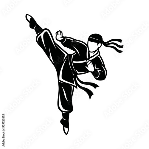 Martial artist performing jumping high kick in traditional attire with flowing headbands isolated, graphic & motivation