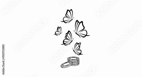 Five stylized black butterflies flutter above a small stack of casino chips