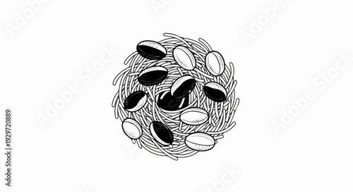 A bird's nest with oval-shaped eggs, some dark, some light