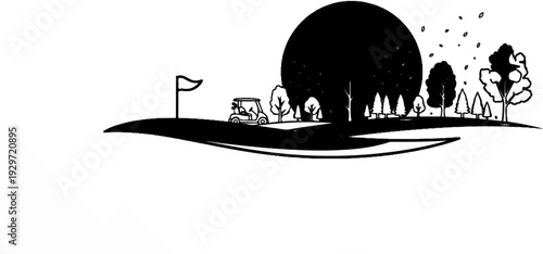 A sketch of a golf course with a cart, flag, trees, and a large dark circle behind them