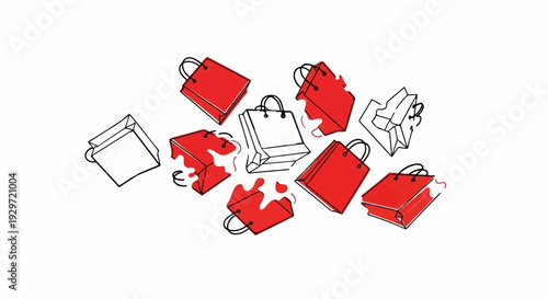 Collection of scattered red and white shopping bags with handles, some spilling contents