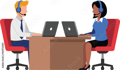 Customer support agents with headsets working on laptops, call center operators providing online assistance service, flat vector illustration isolated