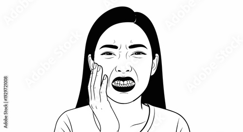 Person grimacing in pain holding cheek, showing clenched teeth