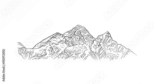 Majestic mountain peaks rendered in a stark, graphic black-and-white sketch style