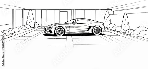 Sketch of a sleek sports car parked in an outdoor lot