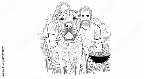 A happy couple and their shar-pei dog enjoy a barbecue by a serene lake