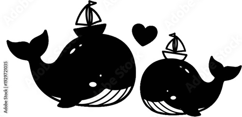 Two black whales, each with a sailboat on its back, and a heart