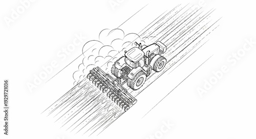 A monochrome sketch depicts a farm tractor plowing a field, kicking up dust