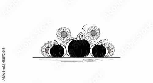 Black and white illustration of three pumpkins with sunflowers and leaves in autumn