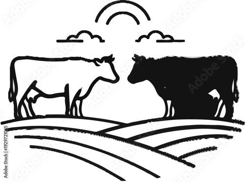 Two cows, one white, one black, stand in a stylized field under a simple rainbow