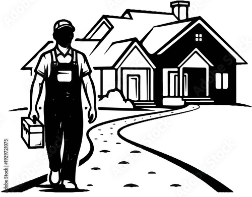 A worker in overalls walks up a path to a house, carrying a toolbox