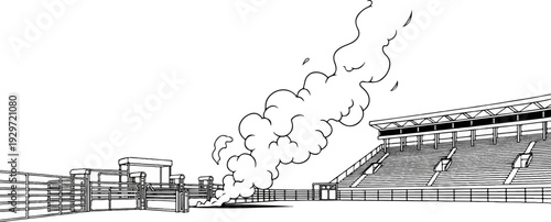 Rodeo arena with spectator stands and rising plumes of smoke