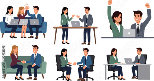 Business team collaboration and corporate meeting scenes, professional employees handshake, discussion and success celebration, flat vector illustration set