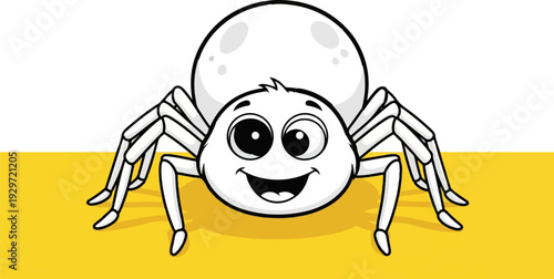 A happy cartoon spider with big eyes and a wide smile sits on a yellow surface