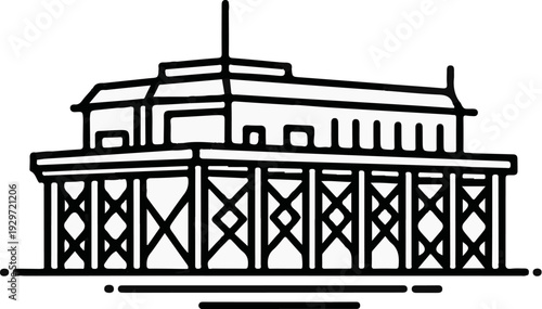 Stylized line art depicts a grand, elevated pier structure with a multi-leveled building