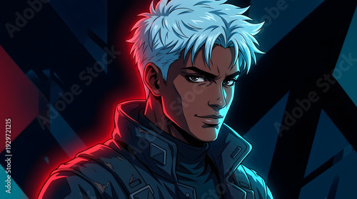 Retro anime portrait of man with blue hair and neon lighting