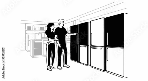 Couple shopping for refrigerators in a showroom with appliances on display