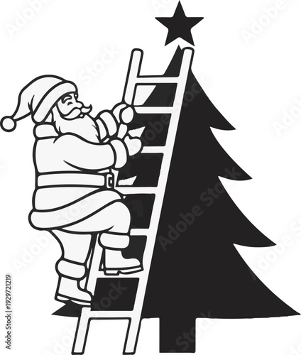 Santa Claus ascends a ladder to place a star atop a festive Christmas tree