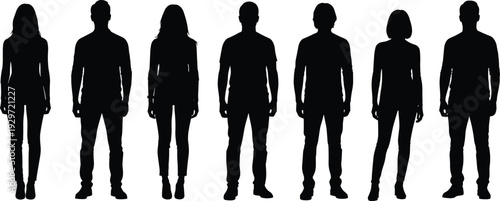 Group of men and women silhouette figures standing together isolated on white background, diverse people outline set, vector style human shadow collection illustration.