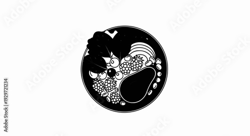 A circular bowl filled with an artistic arrangement of fresh fruits and greens