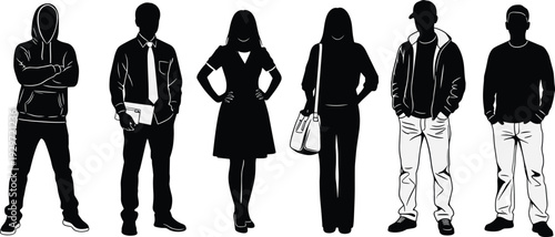 Group of diverse people silhouettes standing in a row, anonymous men and women figures isolated on light background, social diversity concept illustration