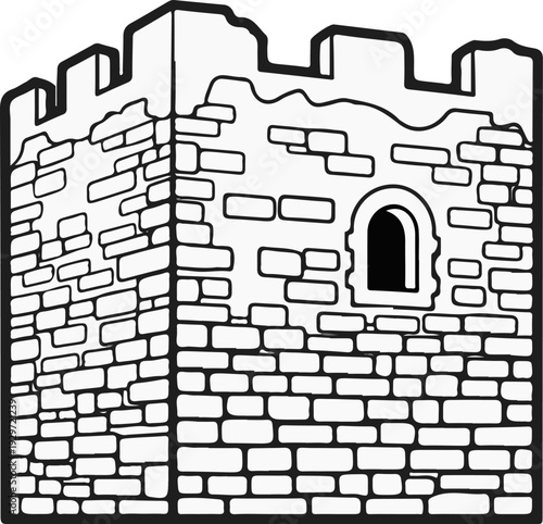 Black and white illustration of a crenellated stone tower with a small arched window