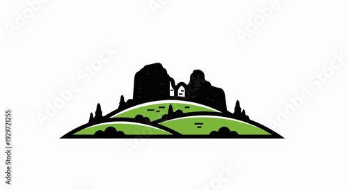 Black silhouette of a hilly landscape with trees and two white buildings