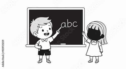 Children learn alphabet on blackboard with chalk