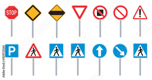 Traffic Sign Illustration Set, 12 Road Signs Collection, Two Rows Layout, Vector Icons on White Background