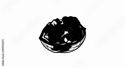Black and white graphic of a brain-shaped object with organic textures